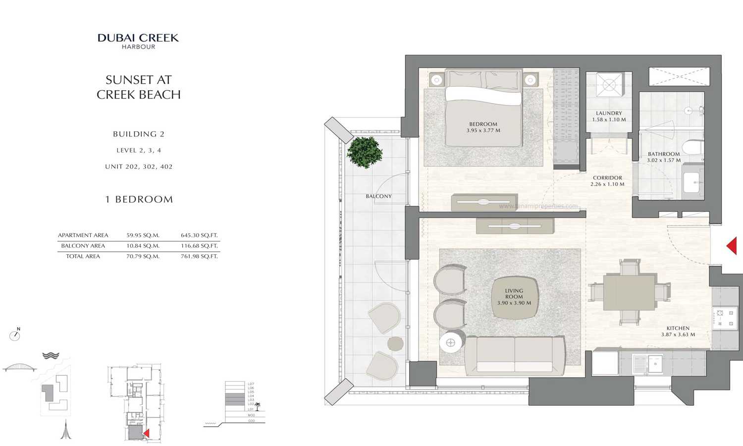 Building 2 - 1 Bedroom Level 2 To 4 Unit 202-302-402, Size 761.98 sq ft
